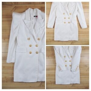 BALMAIN Double Breasted Jersey Blazer Dress White Gold Button